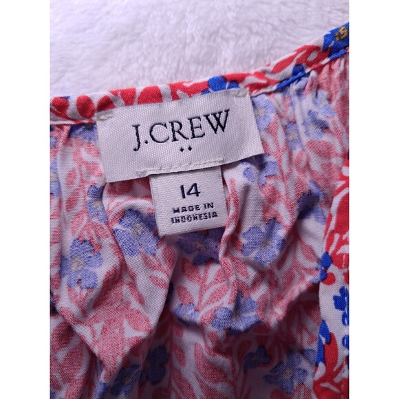 J. Crew Ruffle Midi Curved Hem Dress Red Blue Floral Strappy BI399 Size 14 - Picture 3 of 12